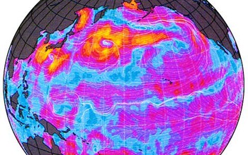 Earth globe showing ocean surface circulation and winds, including in the Western tropical Pacific.